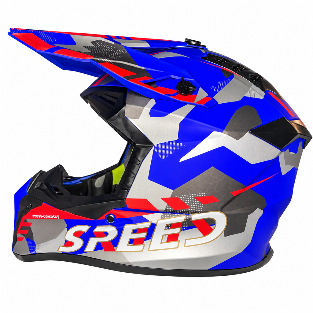 Helmetë Cross – Blu me detaje të kuqe dhe gri