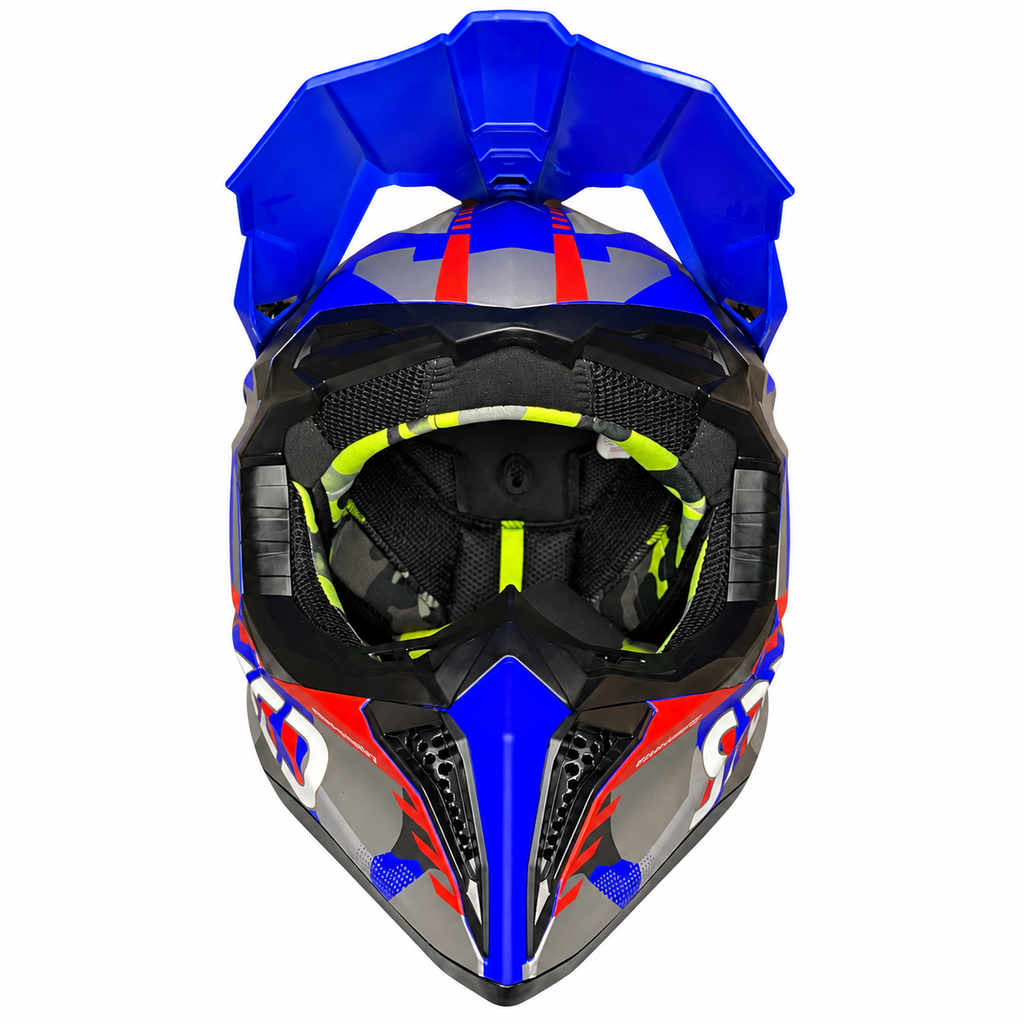 Helmetë Cross – Blu me detaje të kuqe dhe gri