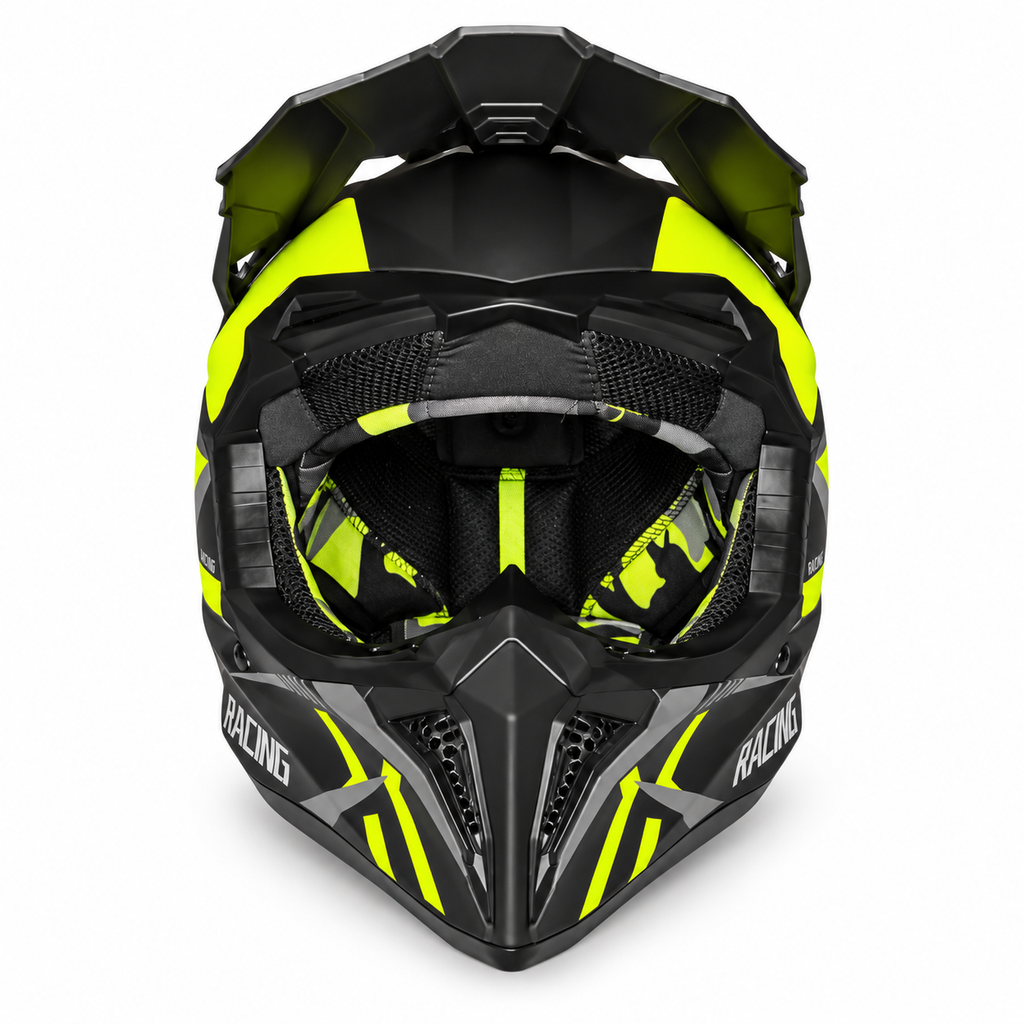 Helmetë cross – e zezë me detaje të gjelbra fluo