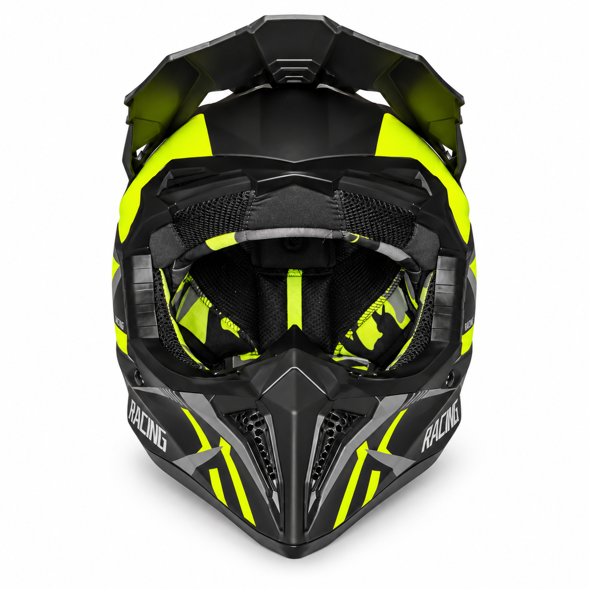 Helmetë cross – e zezë me detaje të gjelbra fluo