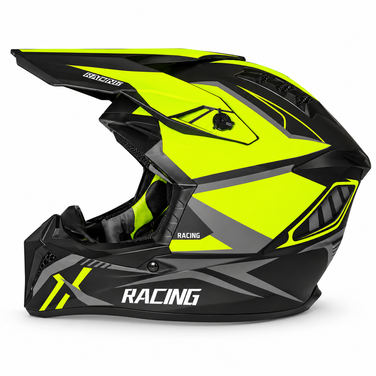 Helmetë cross – e zezë me detaje të gjelbra fluo