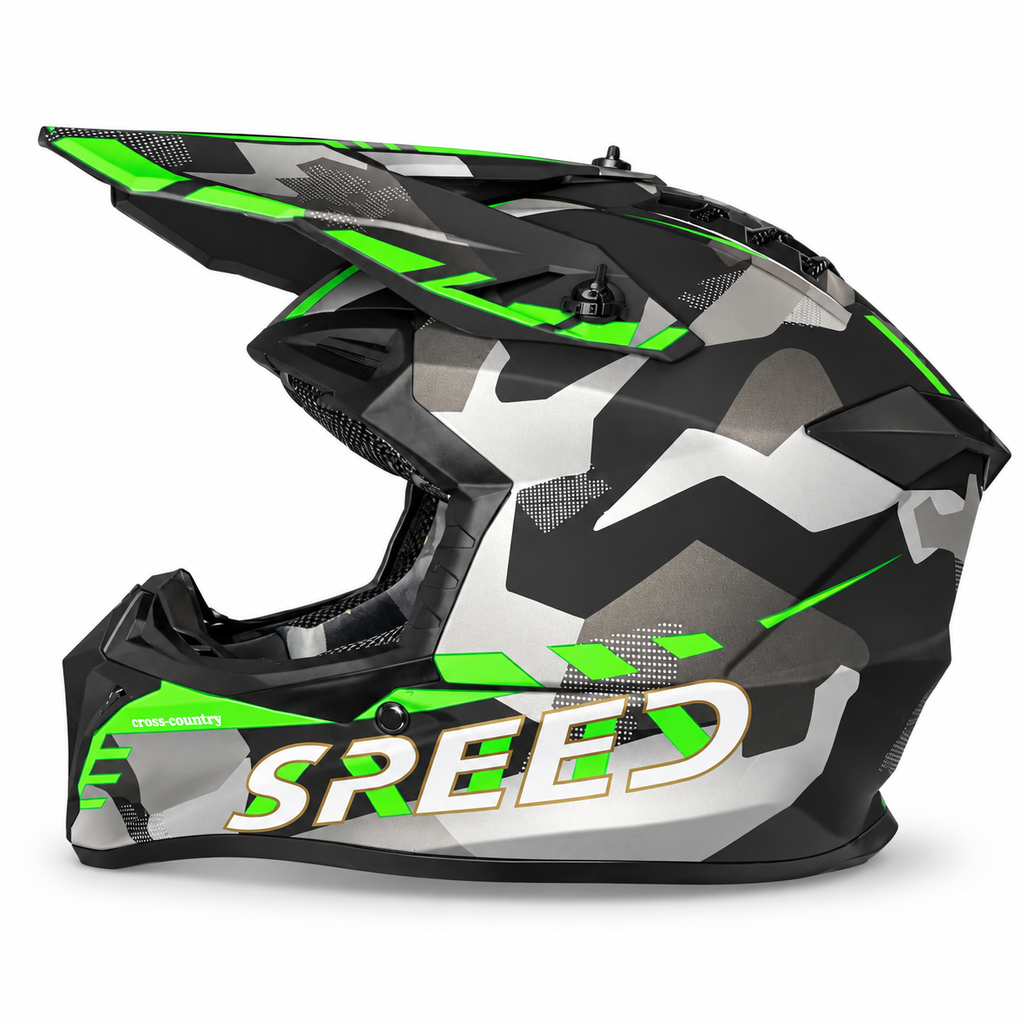 Helmetë cross – kamuflazh gri me detaje të gjelbërta