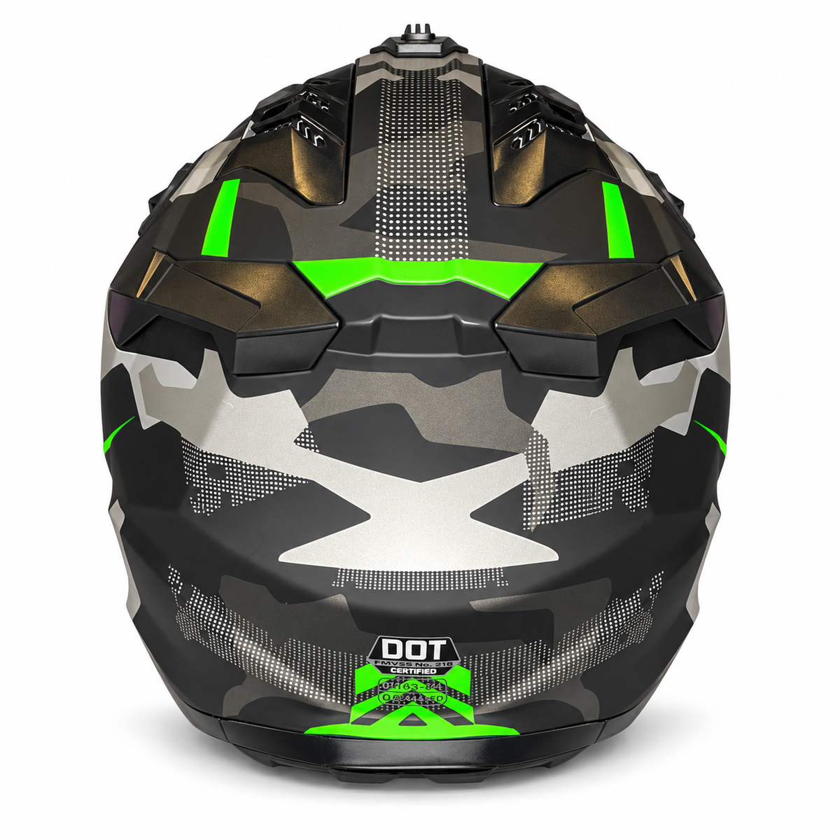 Helmetë cross – kamuflazh gri me detaje të gjelbërta