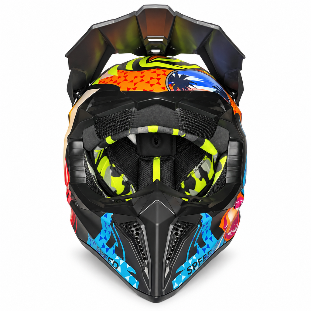 Helmetë cross – shumëngjyrëshe me dizajn tropikal