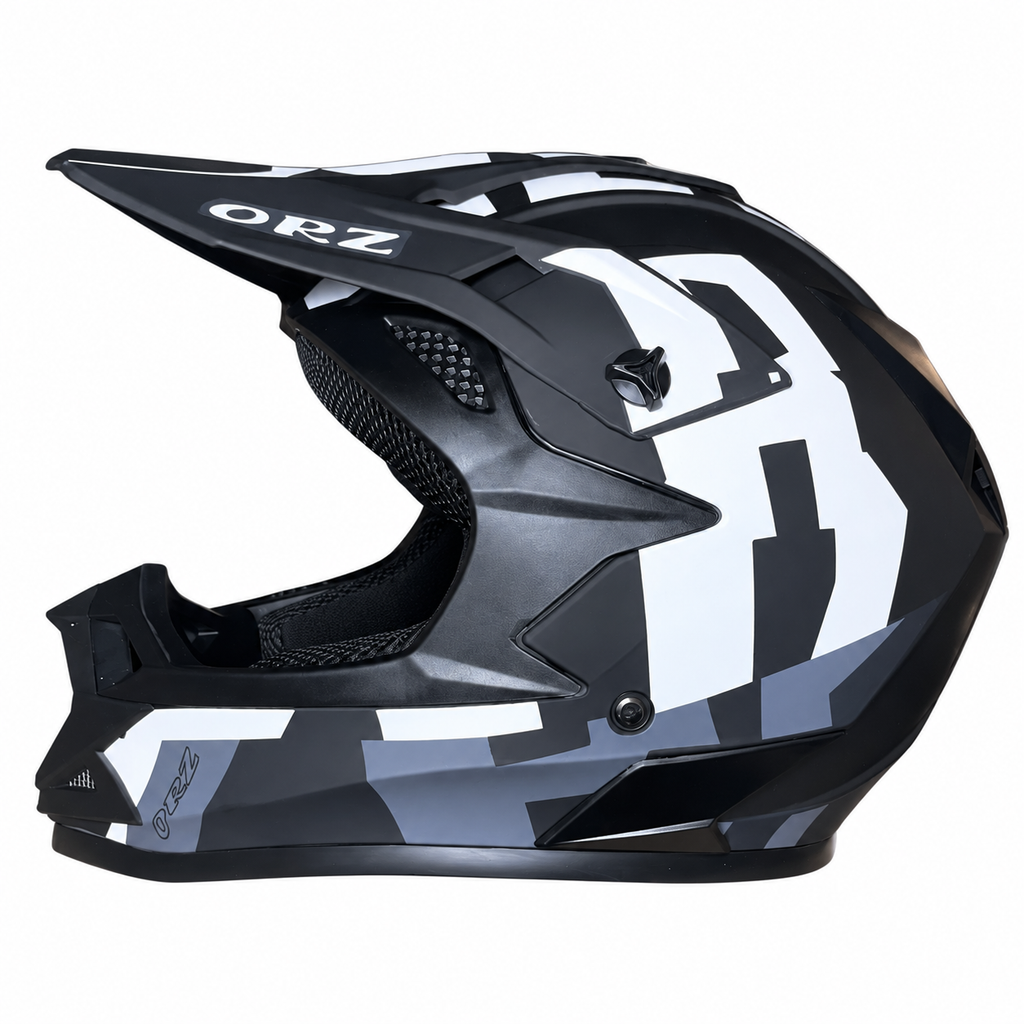 Helmetë Cross ORZ – E zezë me detaje të bardha dhe gri